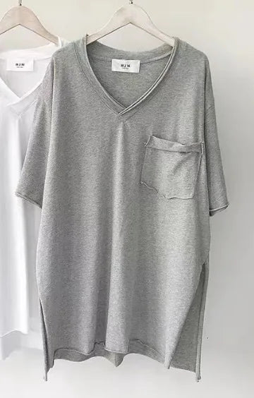 Cotton Summer Loose Curled Front Women's T-shirt Short Rear Long Short Sleeve V - neck T-shirt - Zeprah
