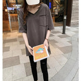 Cotton Summer Loose Curled Front Women's T-shirt Short Rear Long Short Sleeve V - neck T-shirt - Zeprah