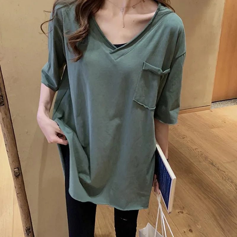 Cotton Summer Loose Curled Front Women's T-shirt Short Rear Long Short Sleeve V - neck T-shirt - Zeprah