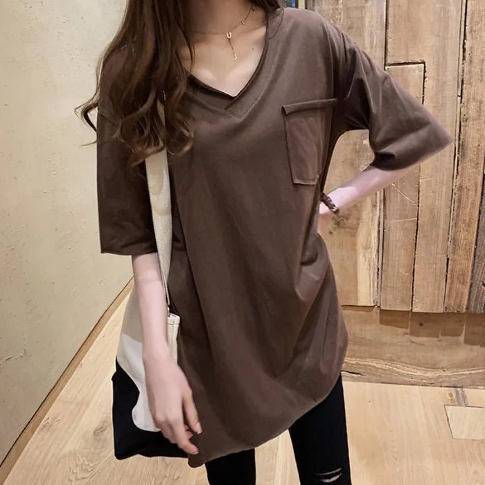 Cotton Summer Loose Curled Front Women's T-shirt Short Rear Long Short Sleeve V - neck T-shirt - Zeprah