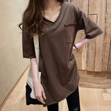 Cotton Summer Loose Curled Front Women's T-shirt Short Rear Long Short Sleeve V - neck T-shirt - Zeprah