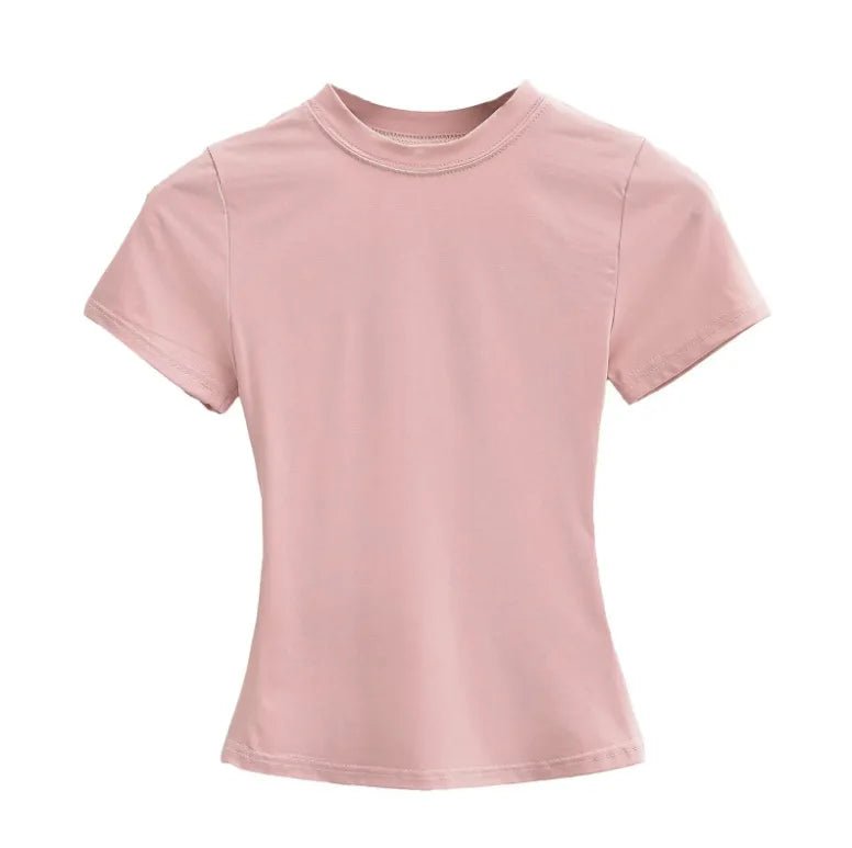 Cotton Summer New Female Spice Girls Solid Color Round Neck Slim Fit Short Base - Layer Shirt Basic Short - Sleeved T-Shirt - Zeprah