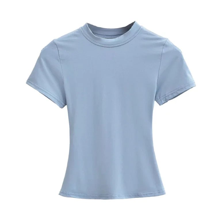 Cotton Summer New Female Spice Girls Solid Color Round Neck Slim Fit Short Base - Layer Shirt Basic Short - Sleeved T-Shirt - Zeprah