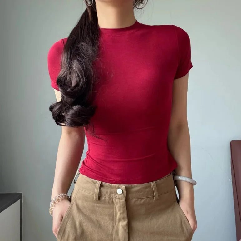 Cotton Summer New Female Spice Girls Solid Color Round Neck Slim Fit Short Base - Layer Shirt Basic Short - Sleeved T-Shirt - Zeprah