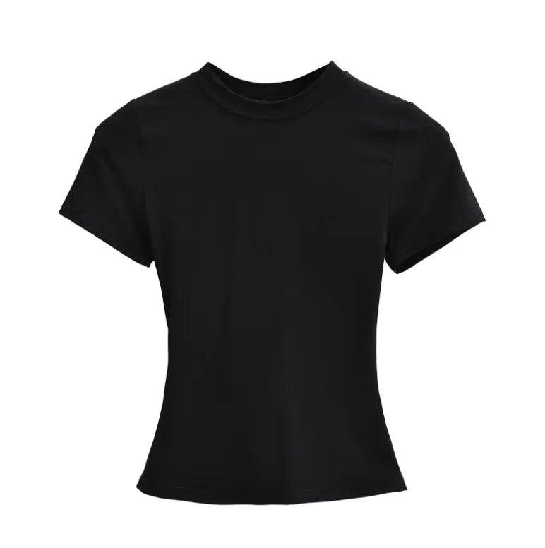 Cotton Summer New Female Spice Girls Solid Color Round Neck Slim Fit Short Base - Layer Shirt Basic Short - Sleeved T-Shirt - Zeprah