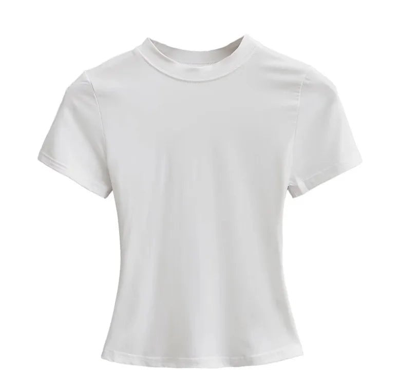 Cotton Summer New Female Spice Girls Solid Color Round Neck Slim Fit Short Base - Layer Shirt Basic Short - Sleeved T-Shirt - Zeprah