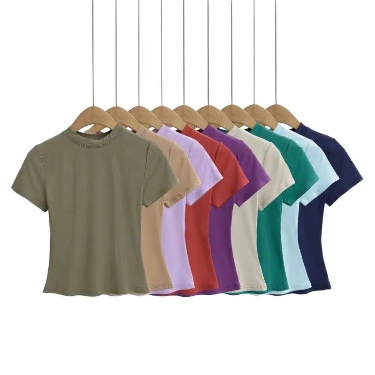 Cotton Summer New Female Spice Girls Solid Color Round Neck Slim Fit Short Base - Layer Shirt Basic Short - Sleeved T-Shirt - Zeprah