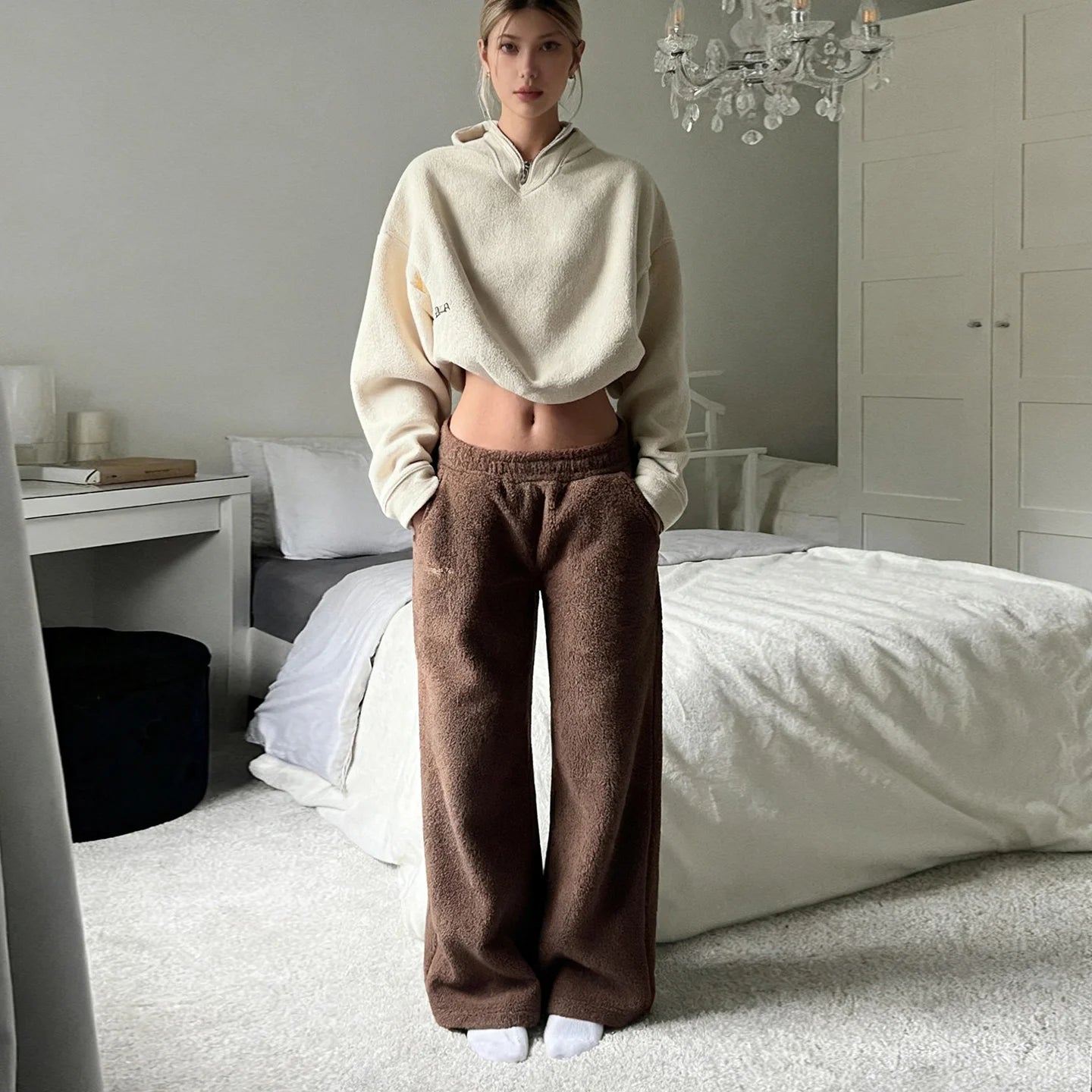 Cozy Casual Relaxed Fit Winter Eco - Friendly Plush Pants Women Solid Color Soft Teddy Fabric Straight Leg Elastic Waist Mid Flat - Zeprah