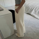 Cozy Casual Relaxed Fit Winter Eco - Friendly Plush Pants Women Solid Color Soft Teddy Fabric Straight Leg Elastic Waist Mid Flat - Zeprah