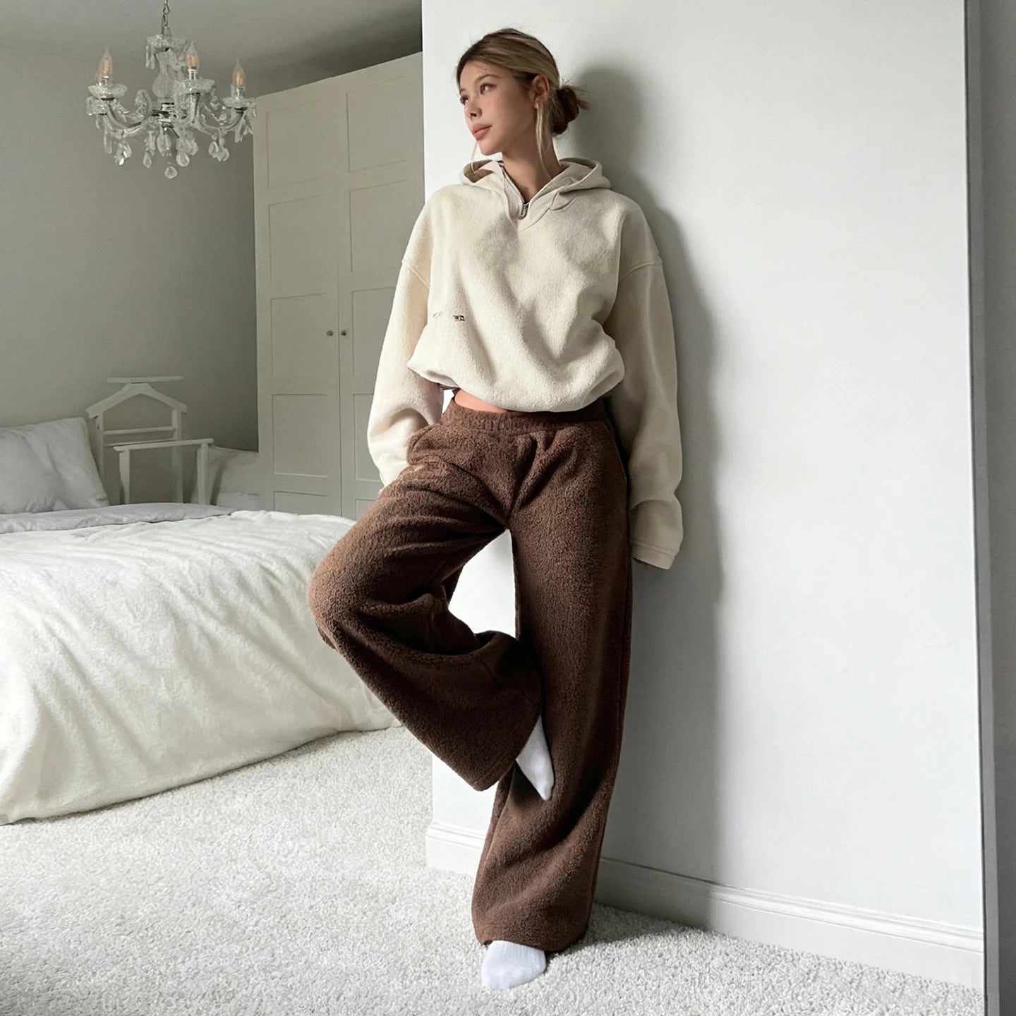 Cozy Casual Relaxed Fit Winter Eco - Friendly Plush Pants Women Solid Color Soft Teddy Fabric Straight Leg Elastic Waist Mid Flat - Zeprah