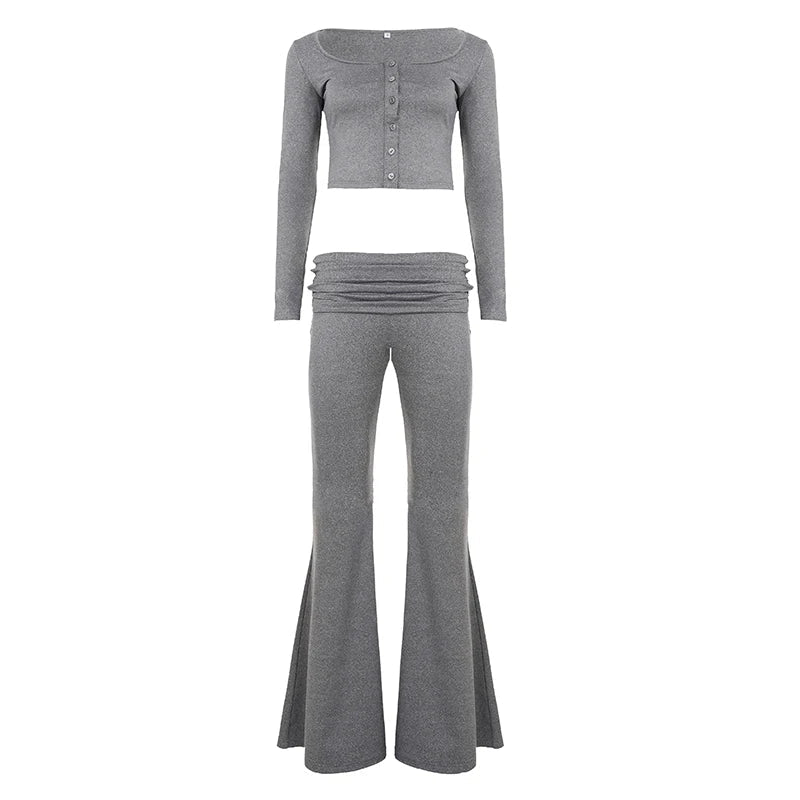 Cozy Casual Solid Elastic Knit Eco - Friendly Breathable Women's All Seasons Skinny Loungewear 2 - Piece Set Button - Down T-Shirt - Zeprah