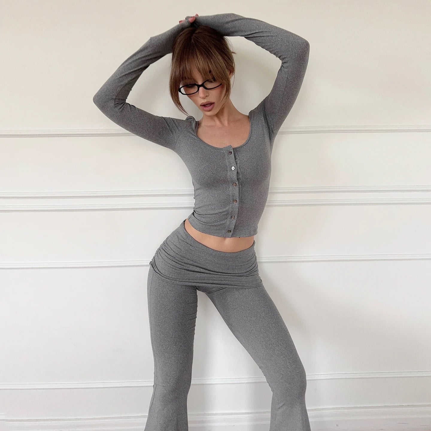 Cozy Casual Solid Elastic Knit Eco - Friendly Breathable Women's All Seasons Skinny Loungewear 2 - Piece Set Button - Down T-Shirt - Zeprah