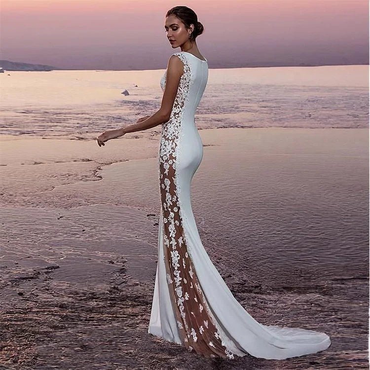 Cross - border European and American Evening Dress Lace Stitching Super Long Dress Vacation Sexy Hollow Female - Zeprah