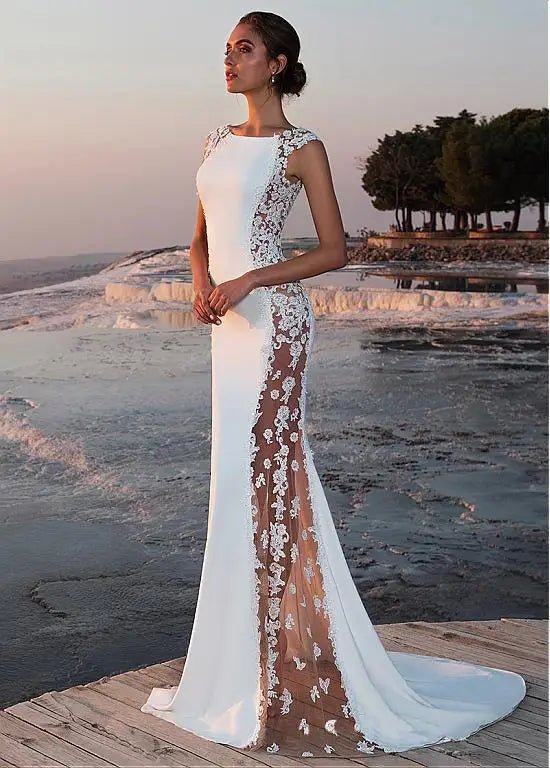 Cross - border European and American Evening Dress Lace Stitching Super Long Dress Vacation Sexy Hollow Female - Zeprah