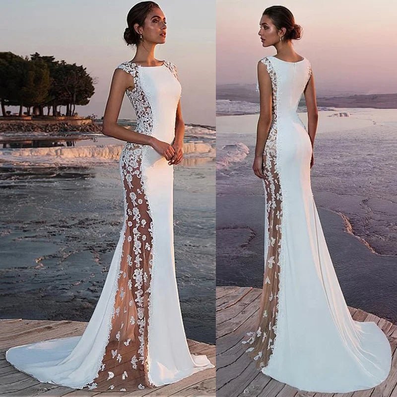 Cross - border European and American Evening Dress Lace Stitching Super Long Dress Vacation Sexy Hollow Female - Zeprah