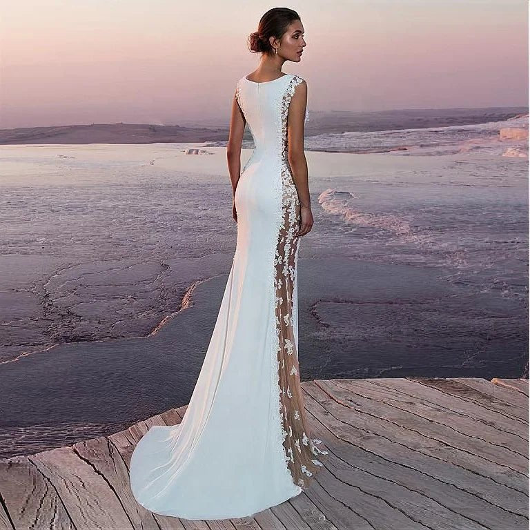 Cross - border European and American Evening Dress Lace Stitching Super Long Dress Vacation Sexy Hollow Female - Zeprah