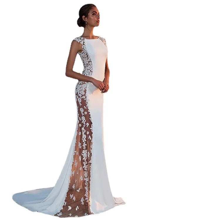 Cross - border European and American Evening Dress Lace Stitching Super Long Dress Vacation Sexy Hollow Female - Zeprah