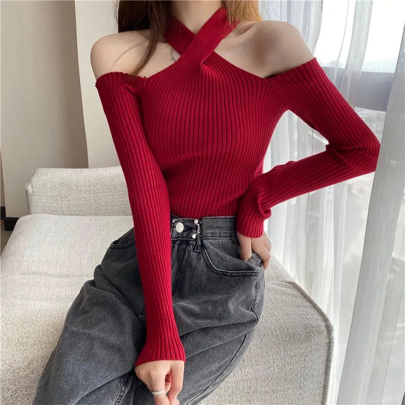 Cross Halter Base Shirt Off - the - shoulder Long - sleeved Knitwear Elegant Ladies' Sweaters - Zeprah