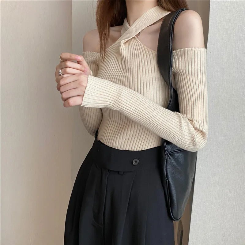 Cross Halter Base Shirt Off - the - shoulder Long - sleeved Knitwear Elegant Ladies' Sweaters - Zeprah