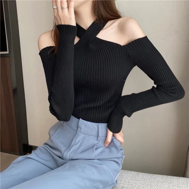 Cross Halter Base Shirt Off - the - shoulder Long - sleeved Knitwear Elegant Ladies' Sweaters - Zeprah