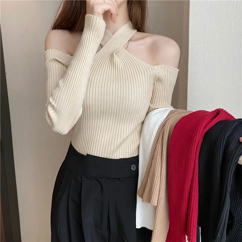 Cross Halter Base Shirt Off - the - shoulder Long - sleeved Knitwear Elegant Ladies' Sweaters - Zeprah