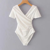 Cross - over Collar Women's Bodysuit Slim - fit One - piece Bottoms Backless Crotch Top - Zeprah