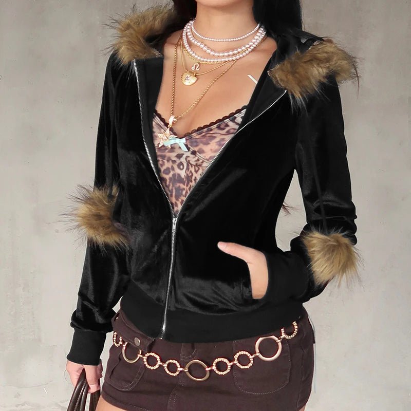 Custom High Quality Women's Velvet Knitted Windproof Zip Hoodie - Plush Soft Black Casual Long Sleeve Polyester Jacket - Zeprah