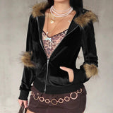 Custom High Quality Women's Velvet Knitted Windproof Zip Hoodie - Plush Soft Black Casual Long Sleeve Polyester Jacket - Zeprah