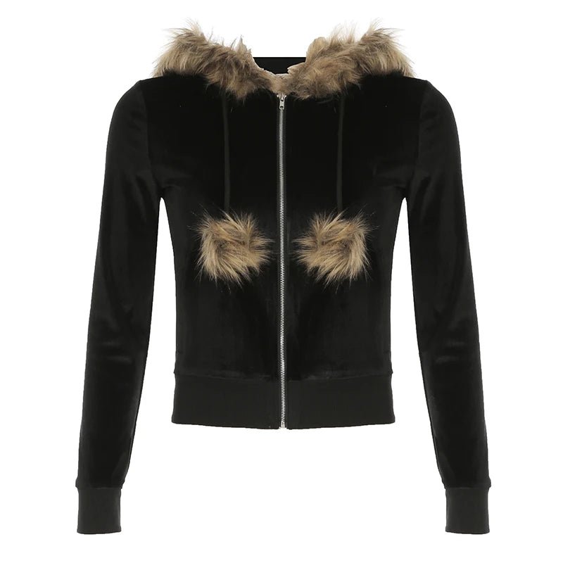 Custom High Quality Women's Velvet Knitted Windproof Zip Hoodie - Plush Soft Black Casual Long Sleeve Polyester Jacket - Zeprah
