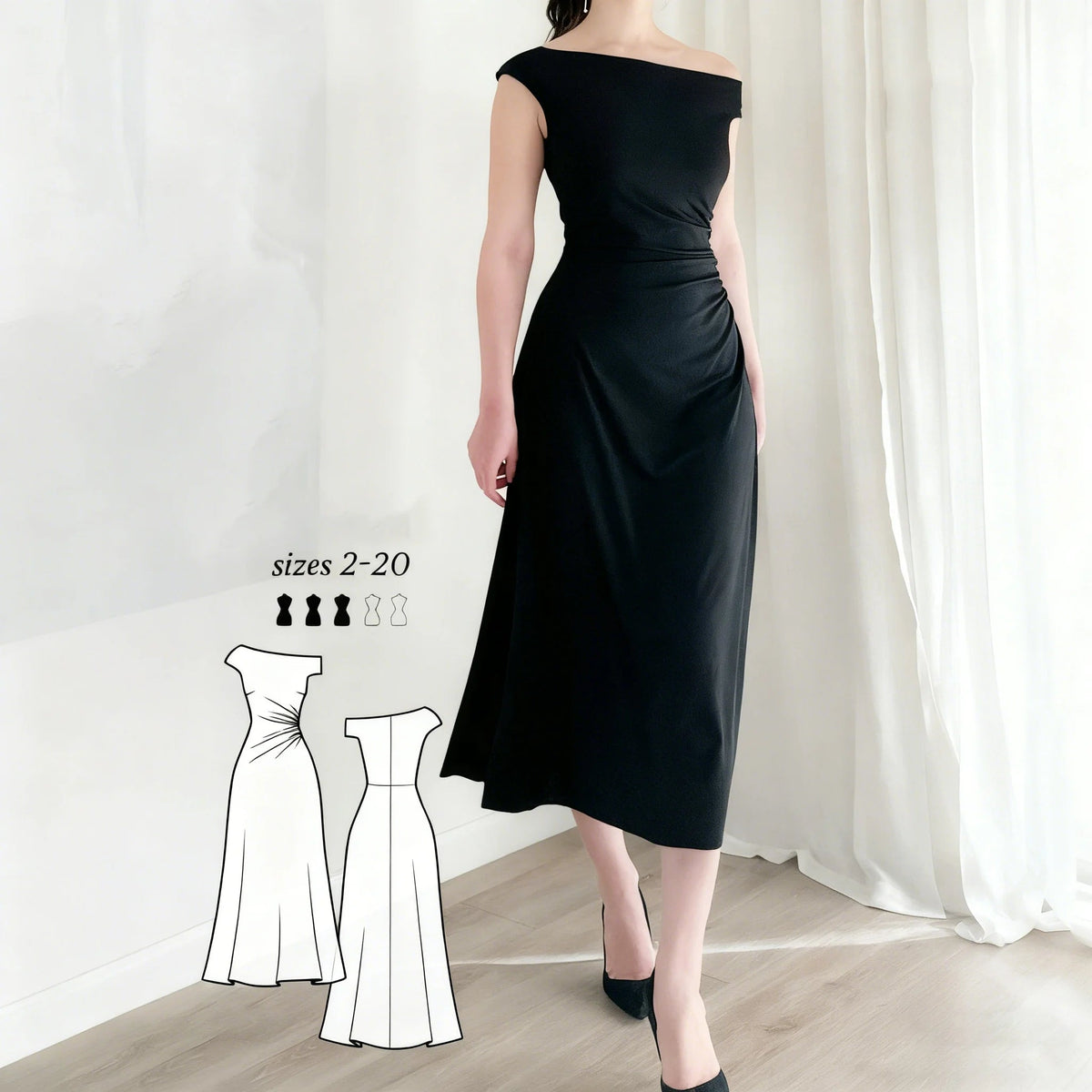 Custom Women Dress Black Off Shoulder Evening Slim Fit Midi Gown Design Accepted Sample Development Small Batch Production - Zeprah
