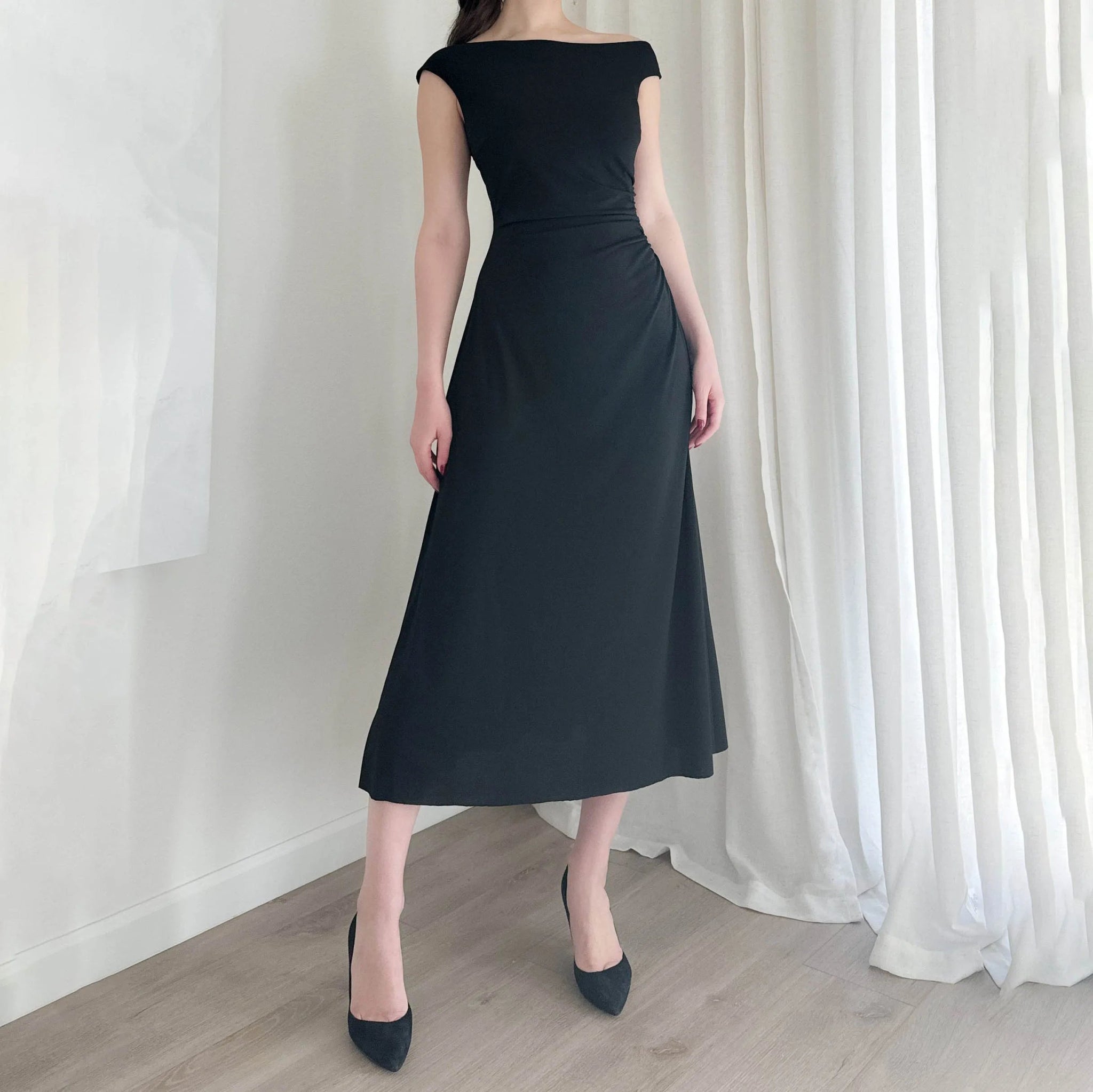 Custom Women Dress Black Off Shoulder Evening Slim Fit Midi Gown Design Accepted Sample Development Small Batch Production - Zeprah