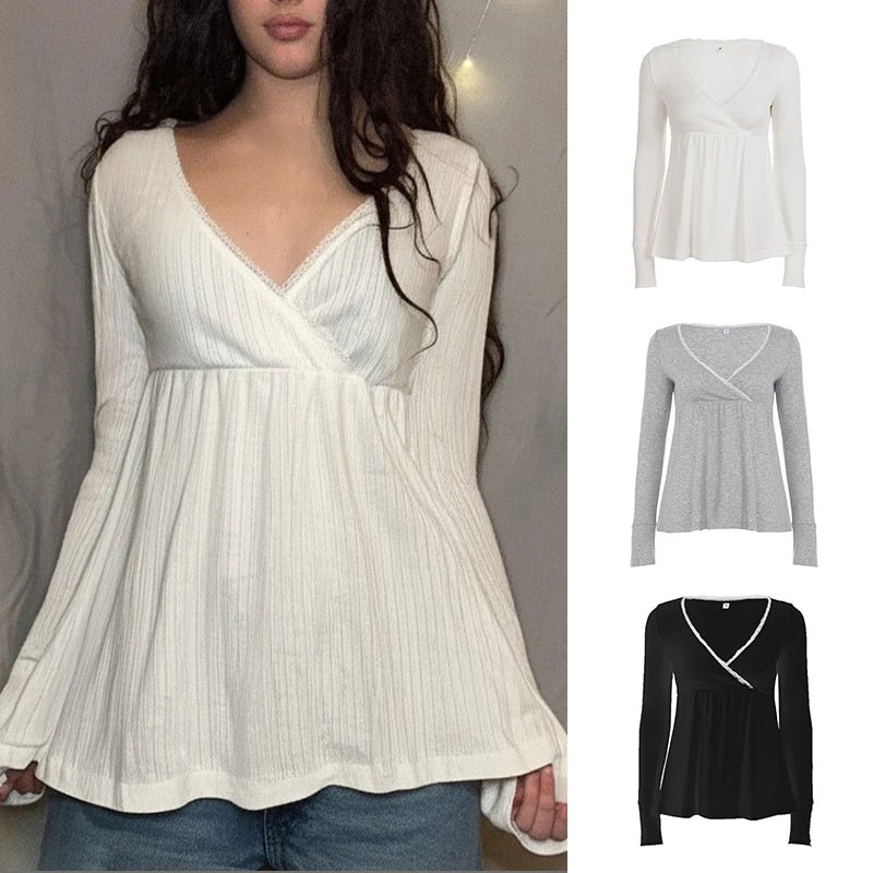 Cute Eco - Friendly Breathable Knitted Y2K Sweetheart Lace Trim Blouse V Neck Flared Swing Top Long Sleeve Womens T Shirt - Zeprah