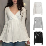 Cute Eco - Friendly Breathable Knitted Y2K Sweetheart Lace Trim Blouse V Neck Flared Swing Top Long Sleeve Womens T Shirt - Zeprah