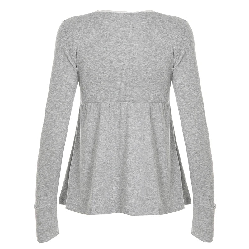 Cute Eco - Friendly Breathable Knitted Y2K Sweetheart Lace Trim Blouse V Neck Flared Swing Top Long Sleeve Womens T Shirt - Zeprah