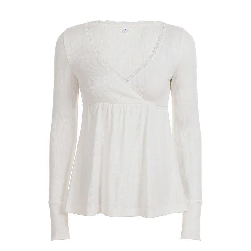 Cute Eco - Friendly Breathable Knitted Y2K Sweetheart Lace Trim Blouse V Neck Flared Swing Top Long Sleeve Womens T Shirt - Zeprah