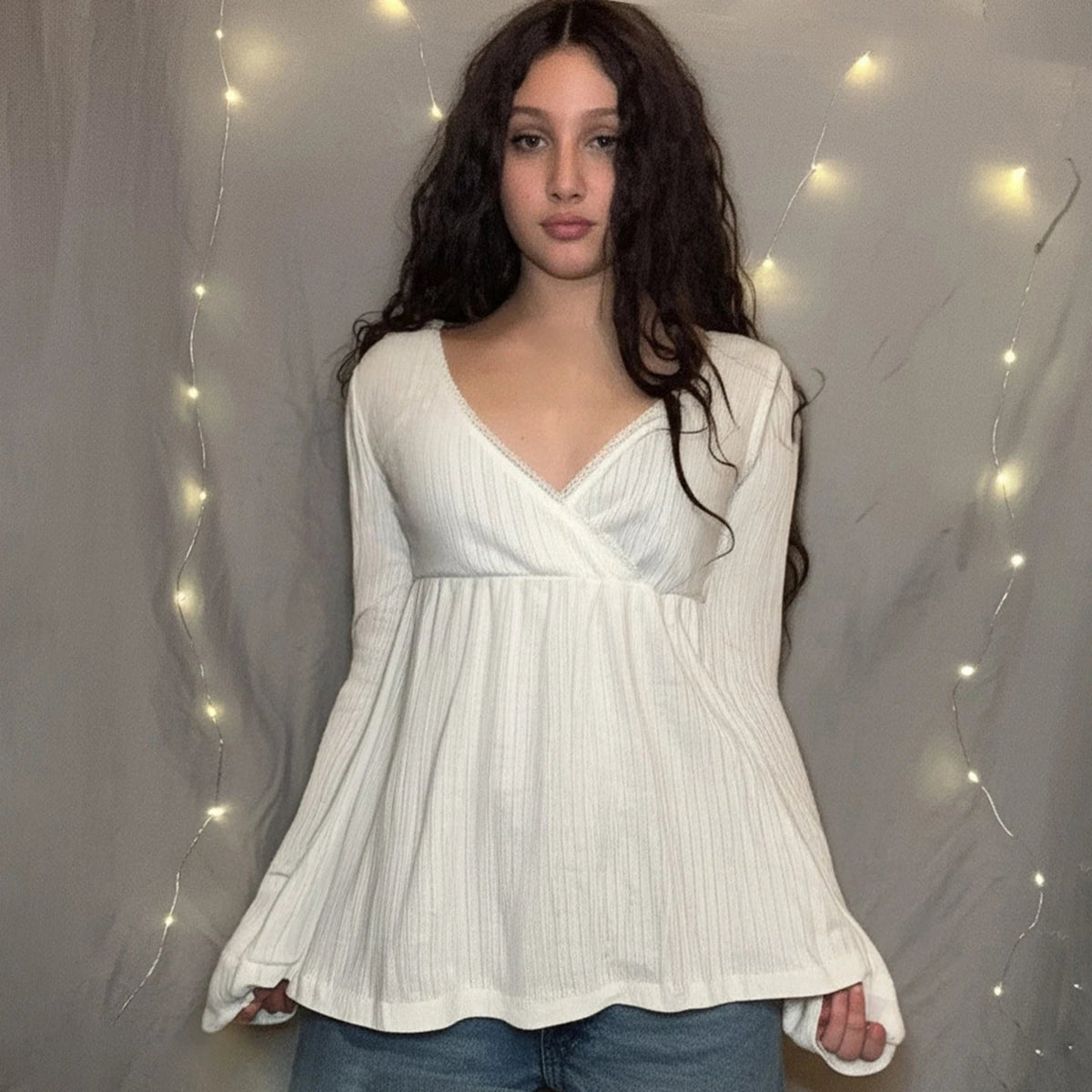 Cute Eco - Friendly Breathable Knitted Y2K Sweetheart Lace Trim Blouse V Neck Flared Swing Top Long Sleeve Womens T Shirt - Zeprah