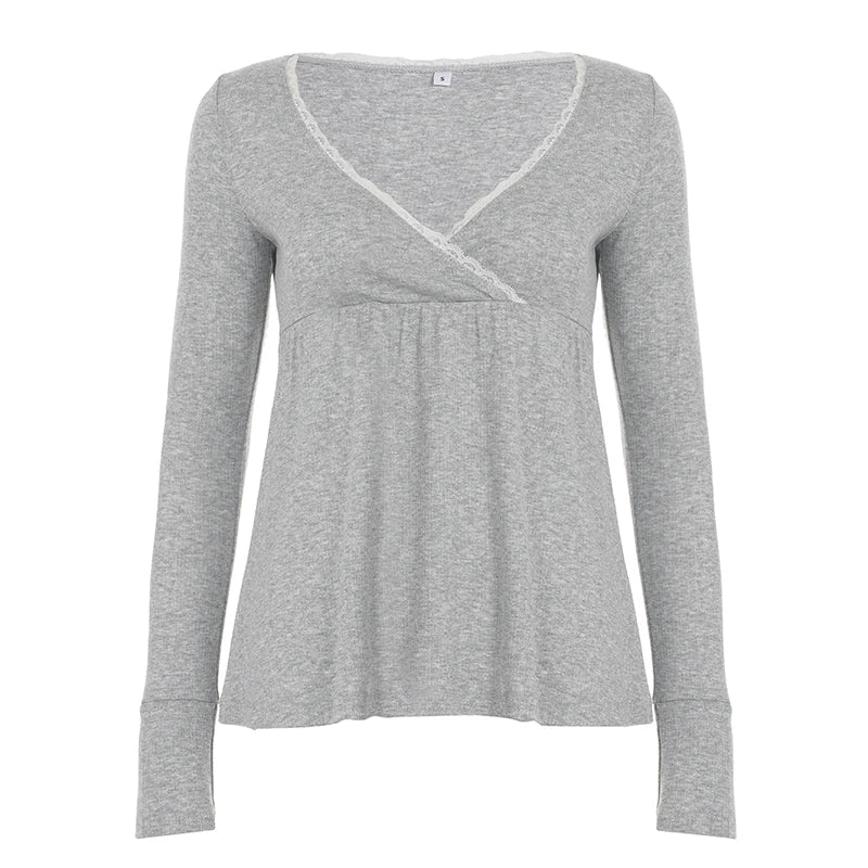 Cute Eco - Friendly Breathable Knitted Y2K Sweetheart Lace Trim Blouse V Neck Flared Swing Top Long Sleeve Womens T Shirt - Zeprah