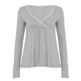 Cute Eco - Friendly Breathable Knitted Y2K Sweetheart Lace Trim Blouse V Neck Flared Swing Top Long Sleeve Womens T Shirt - Zeprah