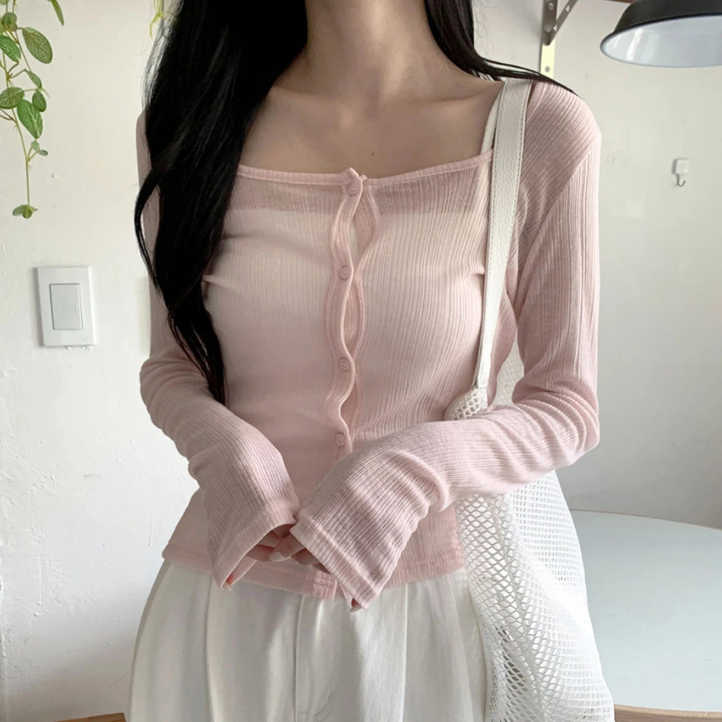 Cute pink Button Women's Short T-shirt Cardigan Autumn Knitted Breathable Anti - pilling Anti - wrinkle Slim Fit Long Sleeved Top - Zeprah