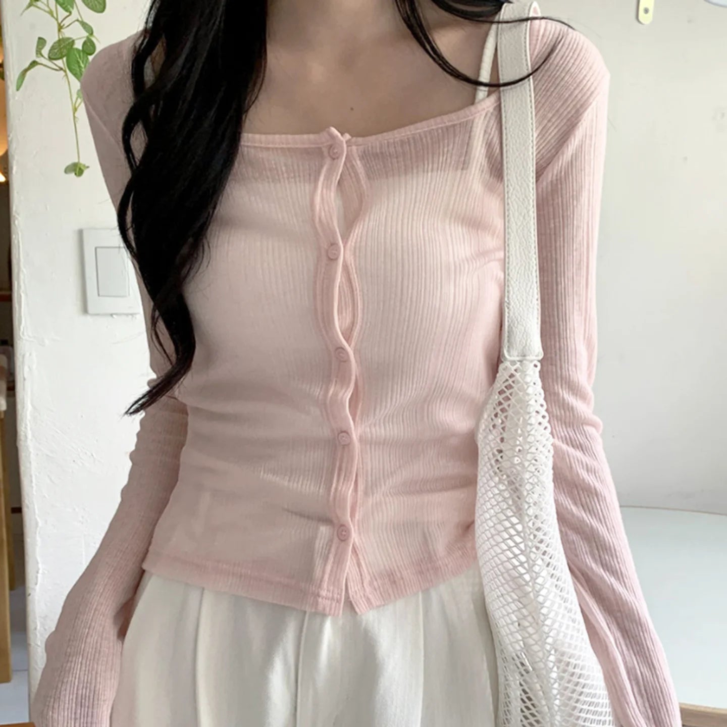 Cute pink Button Women's Short T-shirt Cardigan Autumn Knitted Breathable Anti - pilling Anti - wrinkle Slim Fit Long Sleeved Top - Zeprah