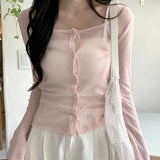 Cute pink Button Women's Short T-shirt Cardigan Autumn Knitted Breathable Anti - pilling Anti - wrinkle Slim Fit Long Sleeved Top - Zeprah