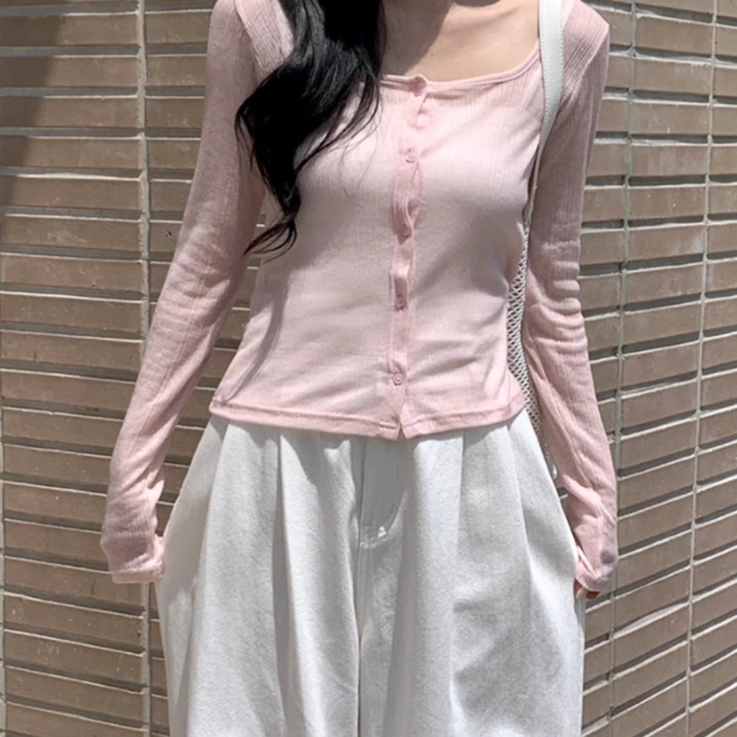 Cute pink Button Women's Short T-shirt Cardigan Autumn Knitted Breathable Anti - pilling Anti - wrinkle Slim Fit Long Sleeved Top - Zeprah
