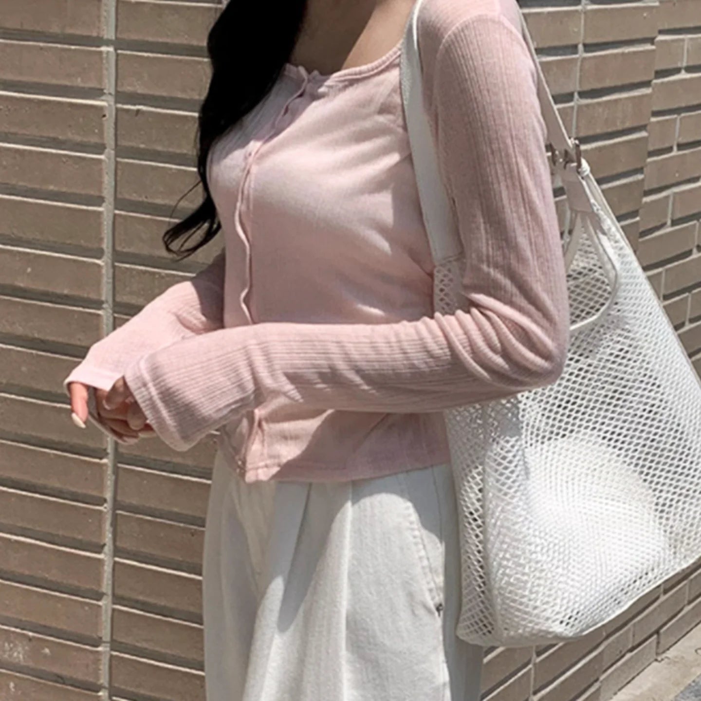 Cute pink Button Women's Short T-shirt Cardigan Autumn Knitted Breathable Anti - pilling Anti - wrinkle Slim Fit Long Sleeved Top - Zeprah
