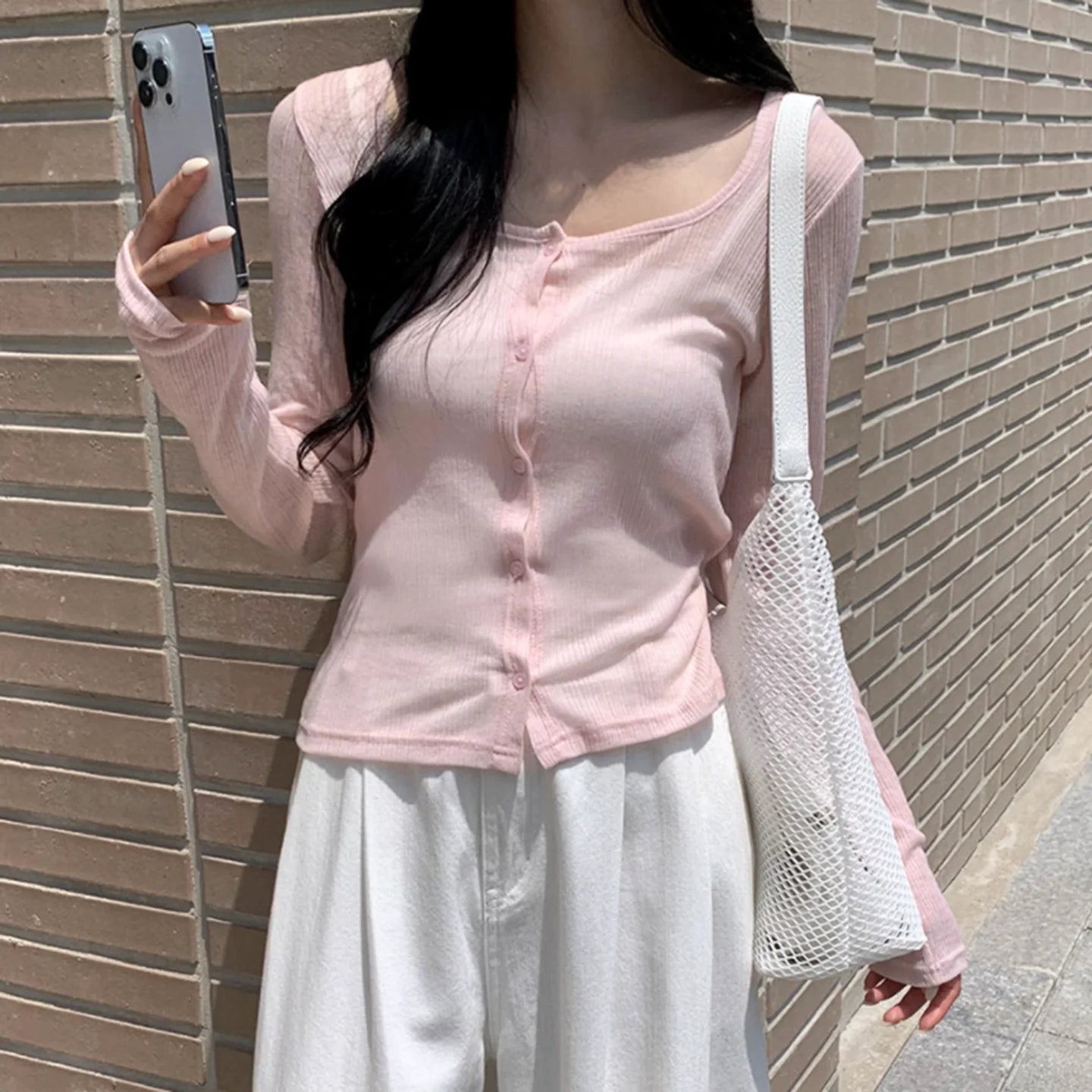 Cute pink Button Women's Short T-shirt Cardigan Autumn Knitted Breathable Anti - pilling Anti - wrinkle Slim Fit Long Sleeved Top - Zeprah