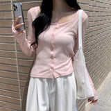 Cute pink Button Women's Short T-shirt Cardigan Autumn Knitted Breathable Anti - pilling Anti - wrinkle Slim Fit Long Sleeved Top - Zeprah