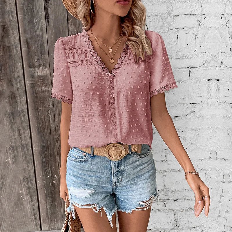 Cute Summer Leisure Vacation Hot Sale European American Lace Decoration V - neck Solid Color - Zeprah