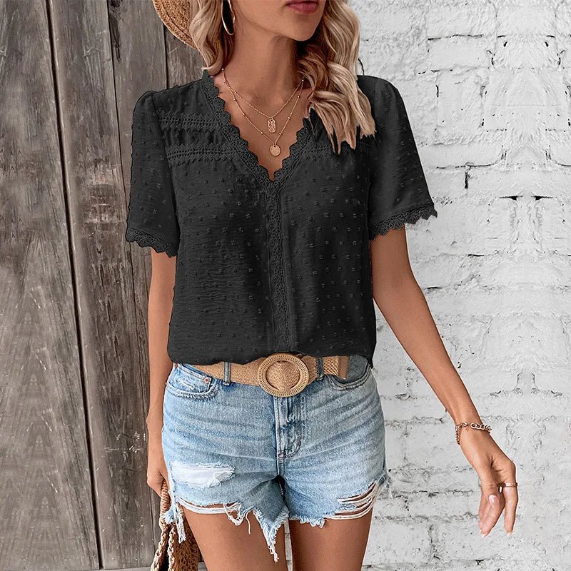 Cute Summer Leisure Vacation Hot Sale European American Lace Decoration V - neck Solid Color - Zeprah