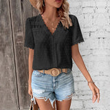 Cute Summer Leisure Vacation Hot Sale European American Lace Decoration V - neck Solid Color - Zeprah