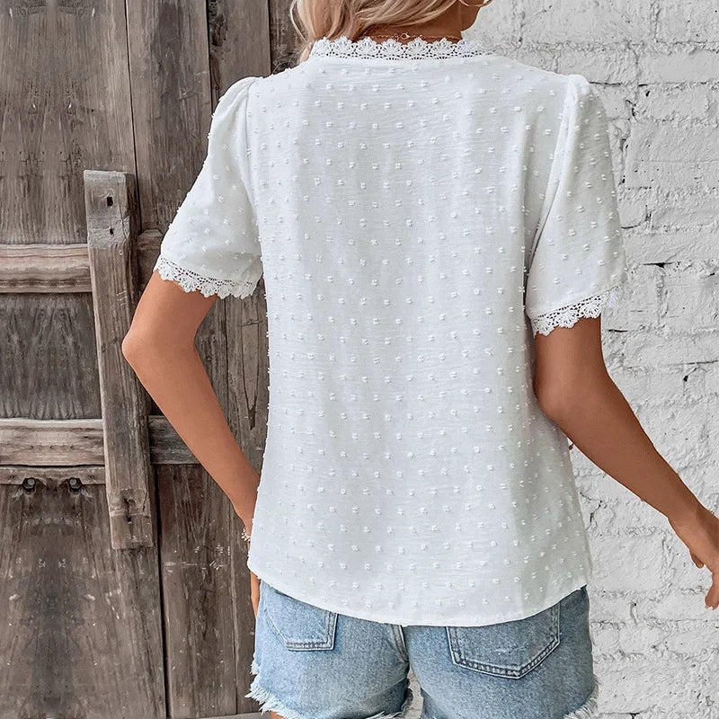Cute Summer Leisure Vacation Hot Sale European American Lace Decoration V - neck Solid Color - Zeprah