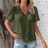 Cute Summer Leisure Vacation Hot Sale European American Lace Decoration V - neck Solid Color - Zeprah